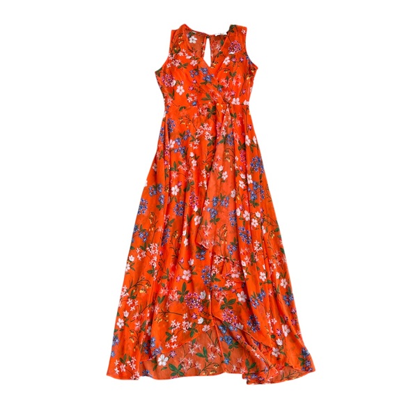 Calvin Klein Women’s Orange Floral Printed V Neck Sleeveless High Low Maxi Dress - Picture 2 of 8